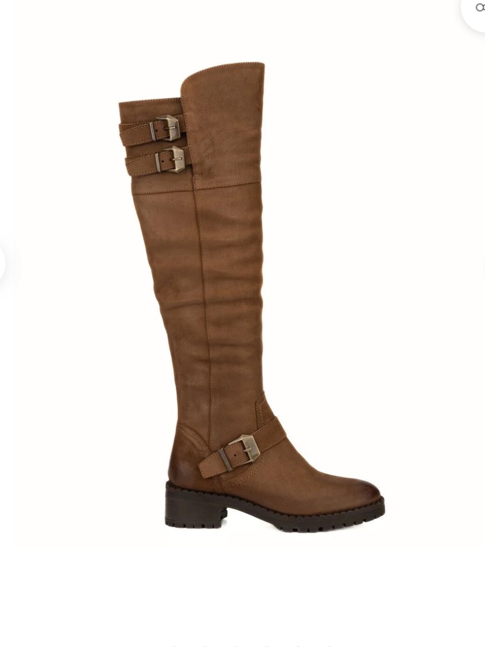 Over-the-Knee Leather Buckle Riding Boots in Brown
